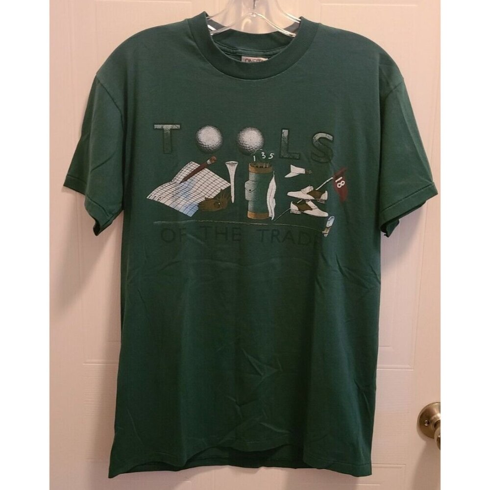 Vtg Oneita‎ Short Sleeve Crew Neck T Shirt "Tools Of Trade" Golf Graphic Green M